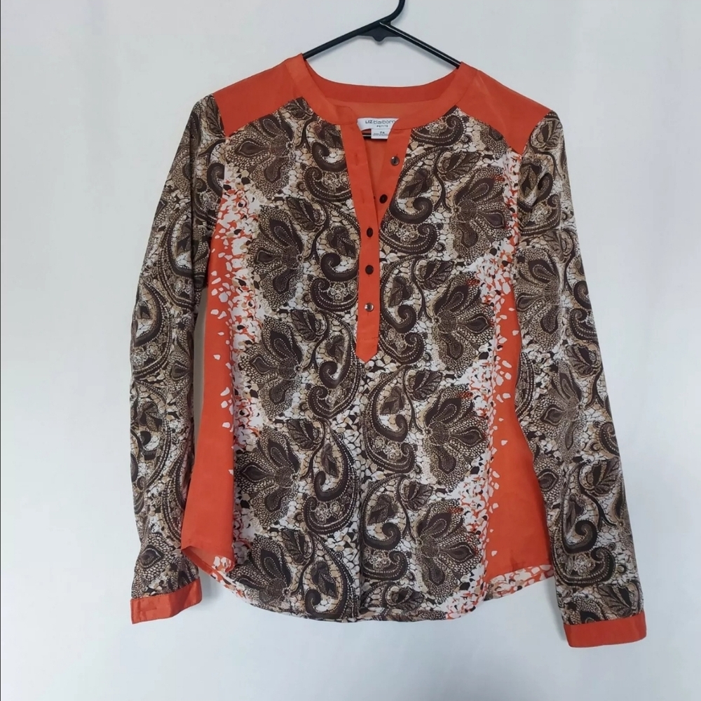 Liz Claiborne Women's Paisley Print Top orange‎ and Brown Women's Long Sleeve S